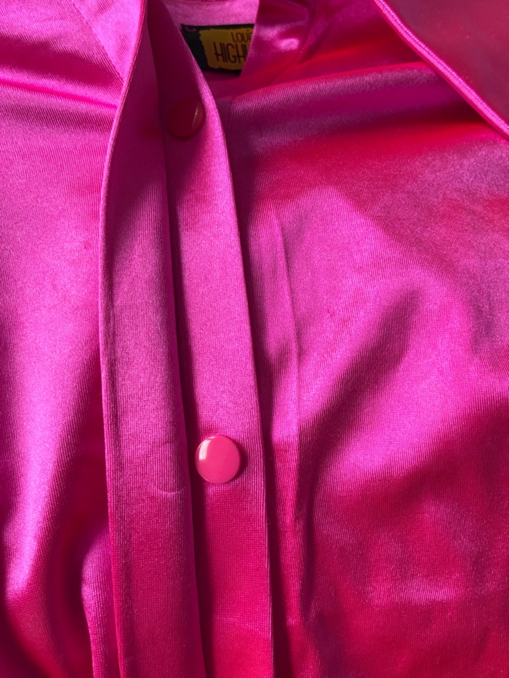 Bold Hot Pink Satin Blouse with Feather Cuffs - Picture 5 of 6